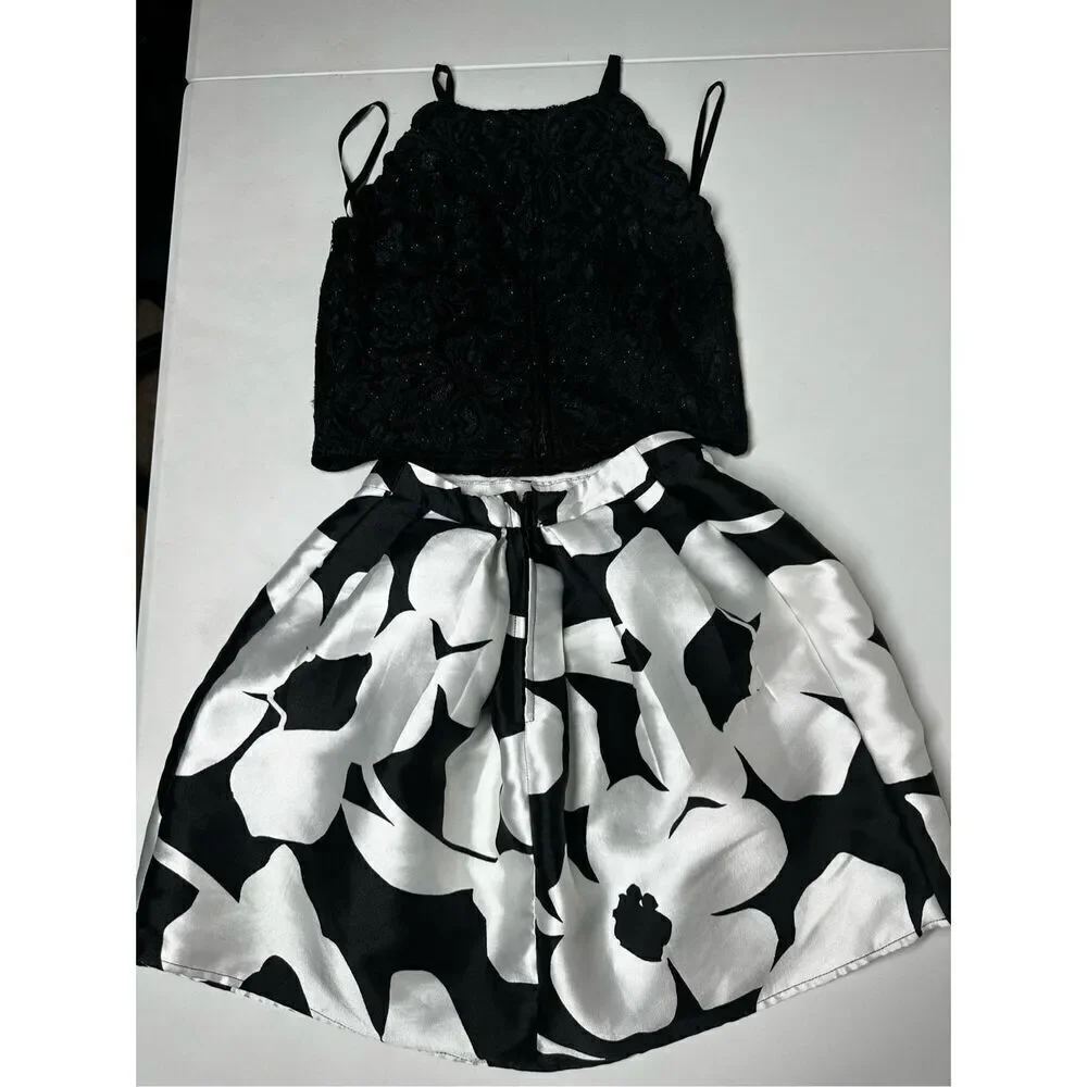 BCX Masy’s Girls 2-Pc Scalloped Top & Floral-Print Skirt Set Sz 14 Black White